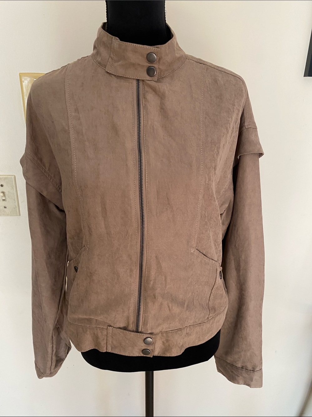 Blu Pepper Faux Suede Bomber Tan Zip-Front Jacket US Sz Med
